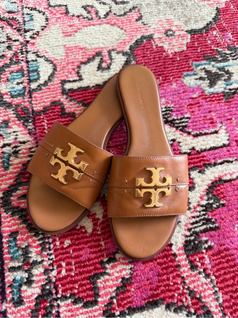 Tory Burch Tan Leather Slide Sandals with Gold Logo Emblem